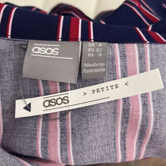 ASOS Pantsuit Sz 0 V Neck Collar Short Sleeve Navy Blue Red Striped Side Belted - Picture 11 of 15